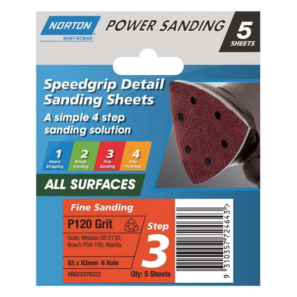 Norton Sanding Sheet 6H P120 Grit 93 x 93mm - 5 Pack