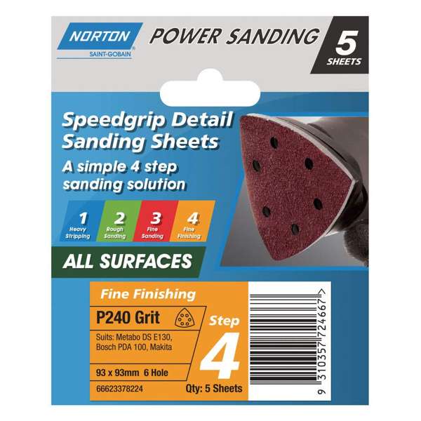 Norton Sanding Sheet Speed Grip 6H P240 Grit 93 x 93mm - 5 Pack