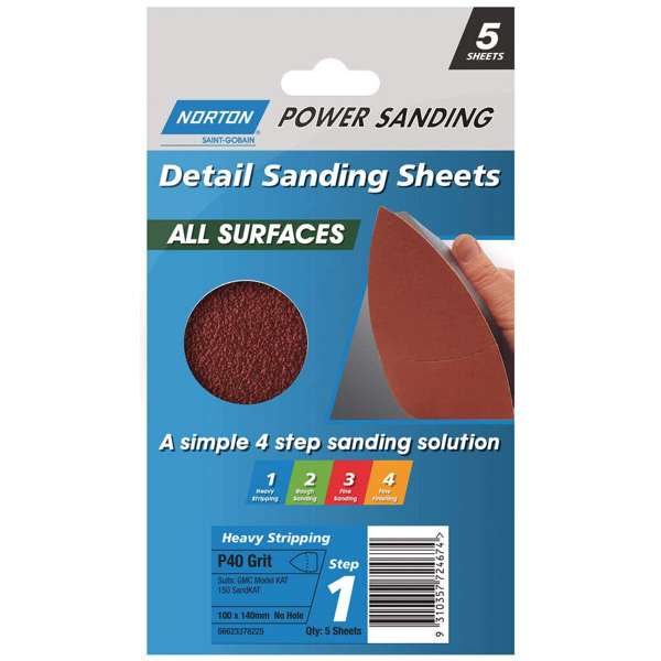 Norton All Surface Detail Sanding Sheet Step 1 100 x 140mm P40 - 5 Pack