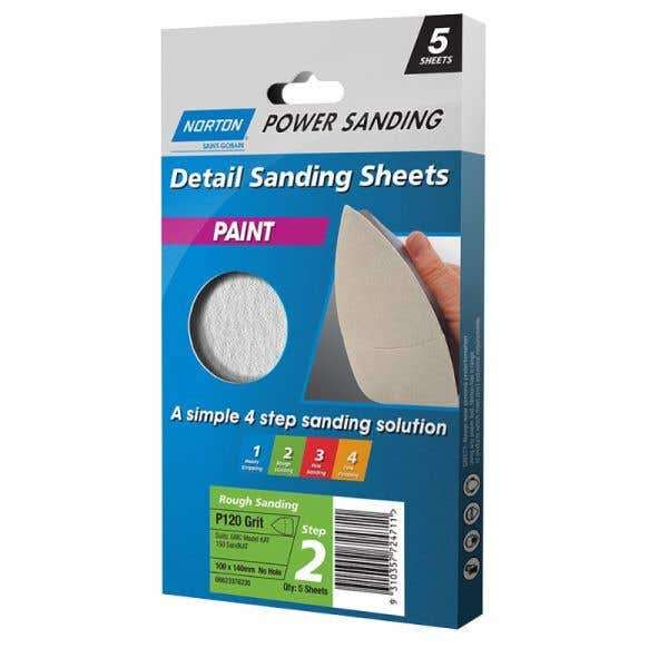 Norton Paint Sanding Sheet P120 Grit 100 x 140mm - 5 Pack