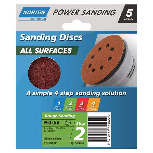 Norton Speedgrip Disc 115mm x 8H Step 2 P60 Grit - 5 Pack