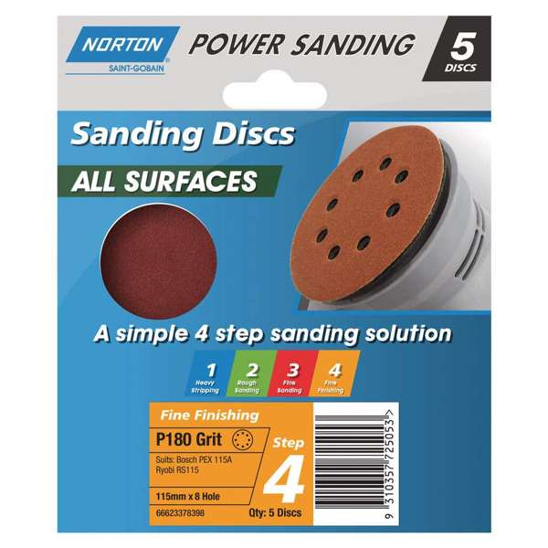 Norton Speedgrip Disc 115mm x 8H Step 4 P180 Grit - 5 Pack