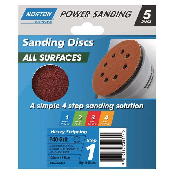 Norton Speedgrip Disc 125mm x 8H Step 1 P40 Grit - 5 Pack