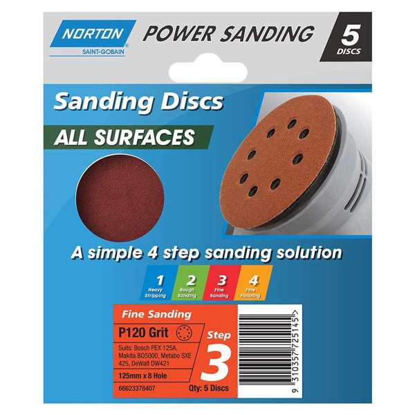 Norton Speedgrip Disc 125mm x 8H Step 3 P120 Grit - 5 Pack