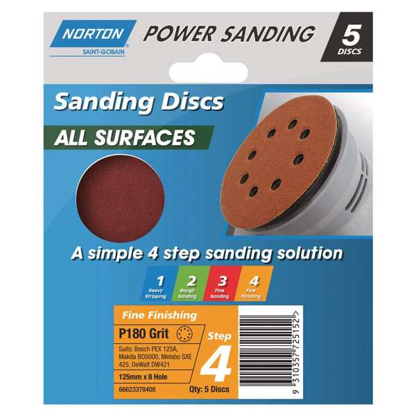 Norton Speedgrip Disc 125mm x 8H Step 4 P180 Grit - 5 Pack