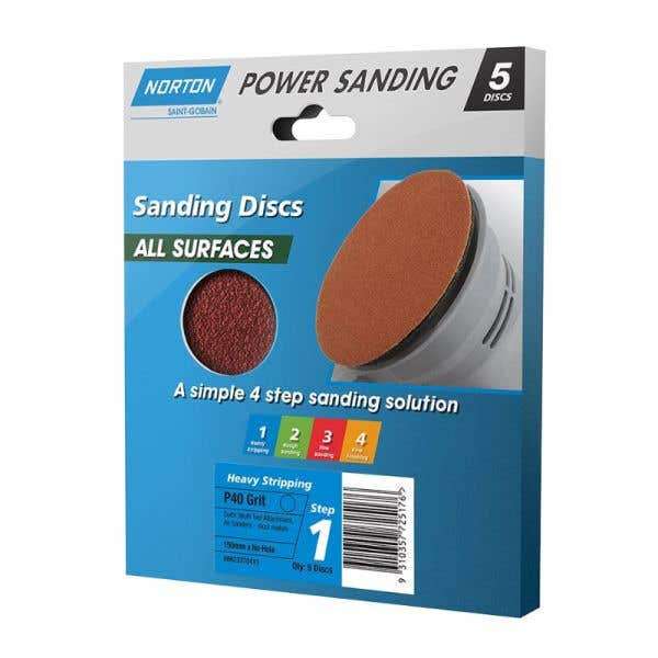 Norton Sanding Disc P40 Grit 150mm - 5 Pack