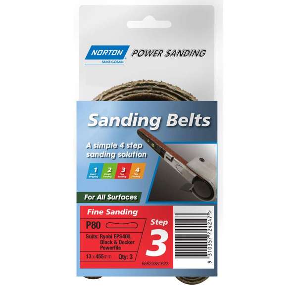 Norton Belt Powerfile Medium P80 Grit 13 x 455mm - 3 Pack