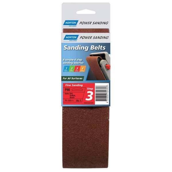 Norton Cloth Sanding Belt Step 3 P80 Grit 75 x 533mm - 2 Pack