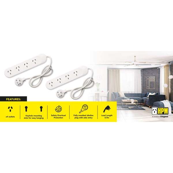 HPM Standard 4 Outlet Powerboard - 2 Pack