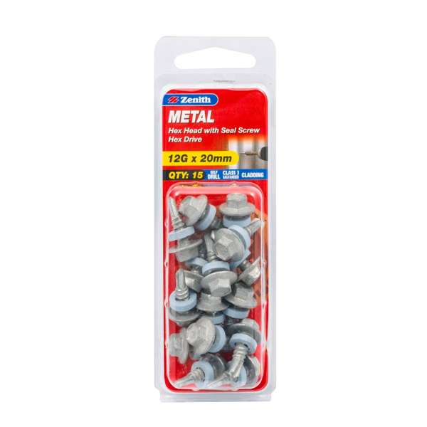 Zenith 12G x 20mm Galvanised Hex Head With Seal Metal Screws - 15 Pack