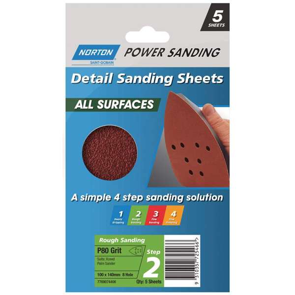 Norton All Surface Detail Sanding Sheet Step 2 100 x 140mm x 8h P80 - 5 Pack