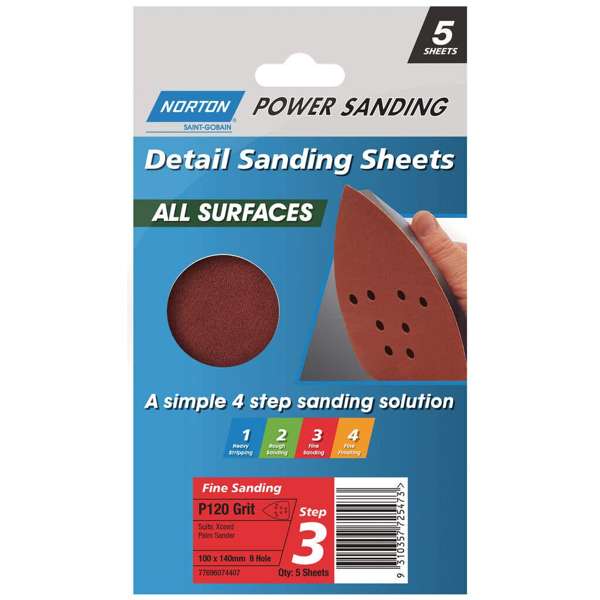 Norton All Surface Detail Sanding Sheet Step 3 100 x 140 x 8h P120 - 5 Pack