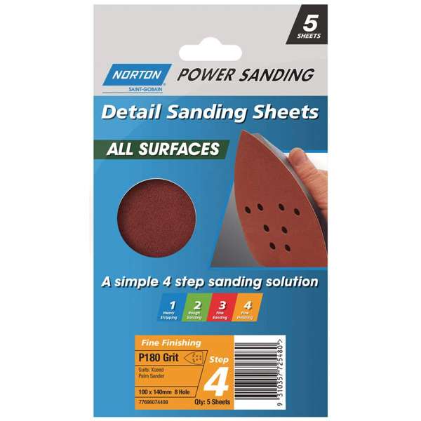 Norton All Surface Detail Sanding Sheet Step 4 100 x 140mm x 8h P180 - 5 Pack