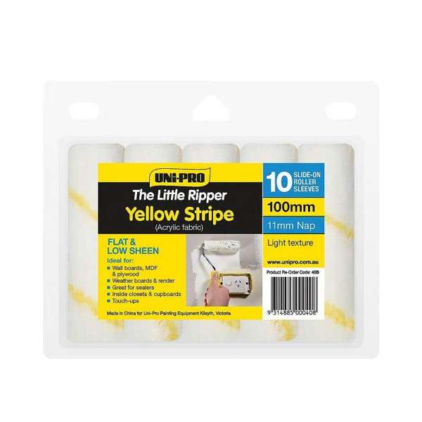 Uni-Pro Little Ripper Yellow Stripe Fabric Roller Cover 11mm Nap 100mm - 10 Pack