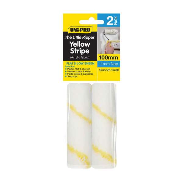 Uni-Pro Little Ripper Yellow Stripe Fabric Roller Cover with 11mm Nap 100mm - 2 Pack