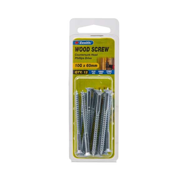 Zenith 10G x 60mm Zinc Plated Countersunk Head Wood Screws - 12 Pack