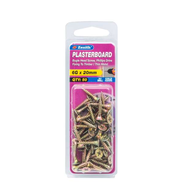 Zenith 6G - 18 x 20mm Needle Point Gold Passivated Plasterboard Screw - 50 Pack