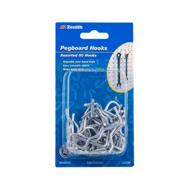 Zenith Zinc Plated S And J Shape Pegboard Hooks - 50 Pack