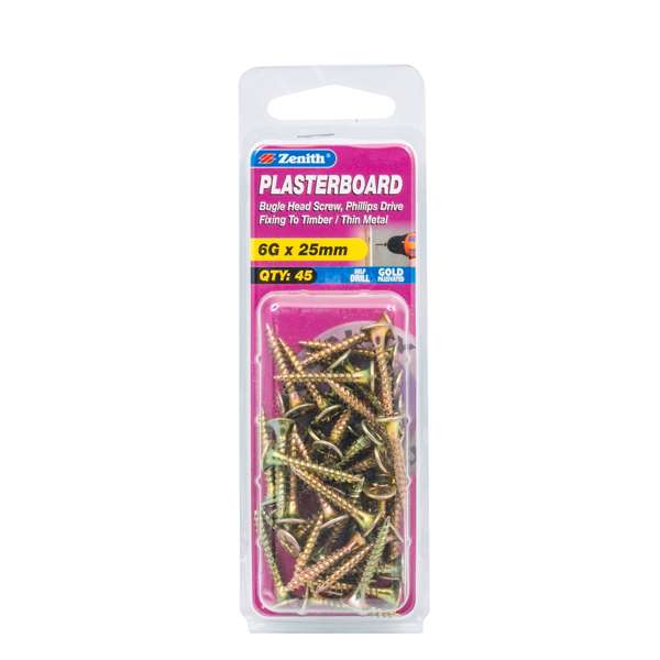 Zenith 6G - 18 x 25mm Needle Point Gold Passivated Plasterboard Screw - 45 Pack