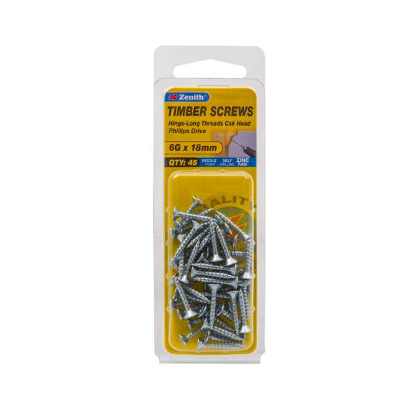 Zenith 6G x 20mm Zinc Plated Hinge-Long Threads Countersunk Head Timber Screws - 45 Pack