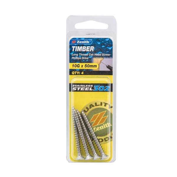 Zenith 10G x 50mm Stainless Steel Long Thread Countersunk Head Timber Screws - 4 Pack