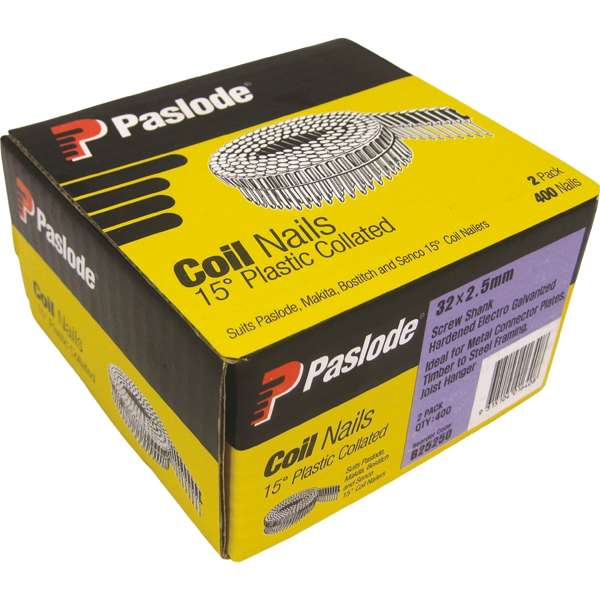 Paslode 32 x 2.5mm 15 Degree Electro Galvanised Hardened Plastic Collated Coil Nail - Twin Pack