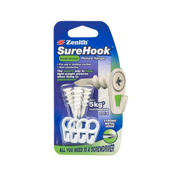 Zenith 5kg SureHook White Small Anchor Picture Hanger - 4 Pack