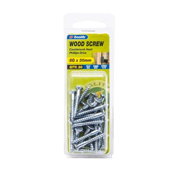 Zenith 8G x 30mm Zinc Plated Countersunk Head Wood Screws - 30 Pack