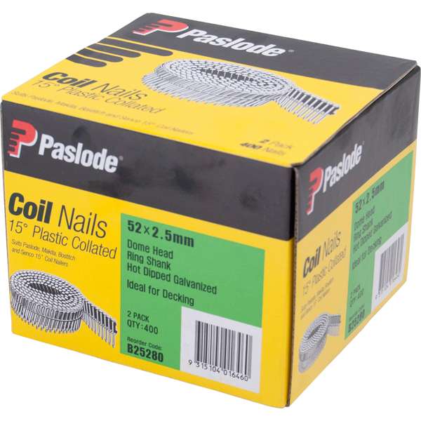 Paslode 52 x 2.5mm 15 Degree Dome Head Hot Dip Galvanised Plastic Collated Coil Nail - 400 Pack