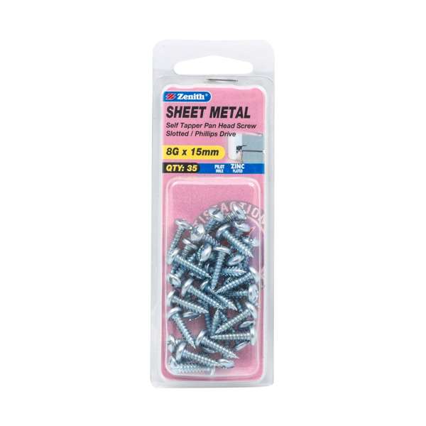 Zenith 8G x 15mm Zinc Plated Self Tapper Pan Head Sheet Metal Screws - 35 Pack