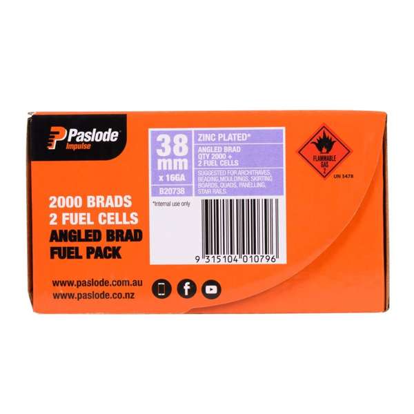 Paslode Impulse Angled Brad 38 x 1.6mm - Box of 2000 Brads + 2 Fuel Cells