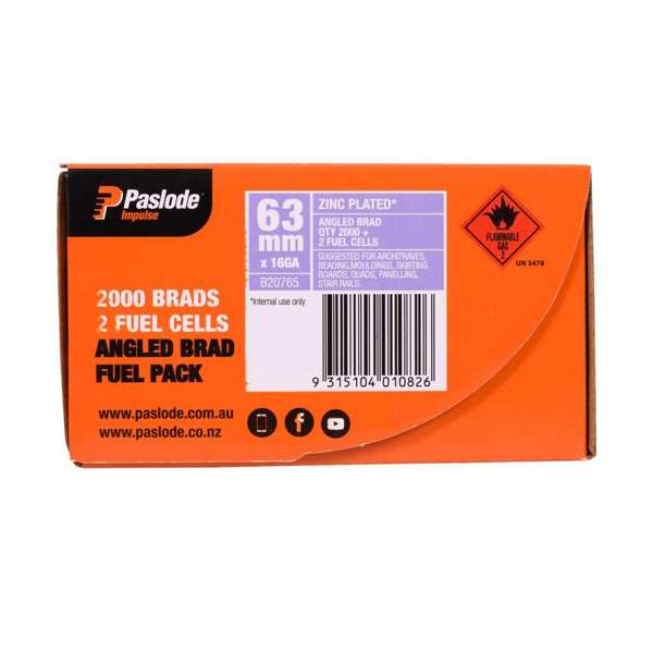 Paslode Impulse 65 x 1.6mm 20Deg - Box of 2000 Brads + 2 Fuel Cells