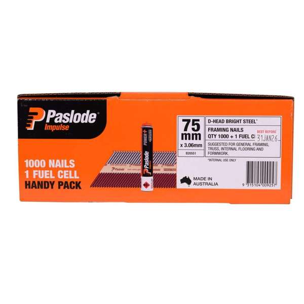 Paslode Impulse 75 x 3.06mm - Box of 1000 Nails + 1 Fuel Cell