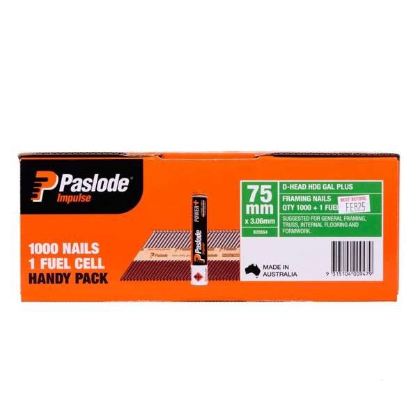 Paslode Impulse Nails 75 x 3.06mm - Box of 1000 Nails + 1 Fuel Cell