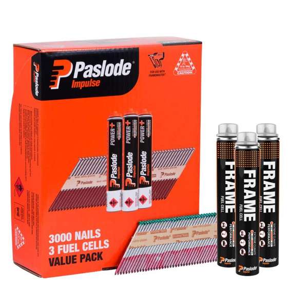 Paslode Impulse Hot Dipped Galvanised Nails 75 x 3.06mm - 3,000 Pack + 3 Fuel Cells