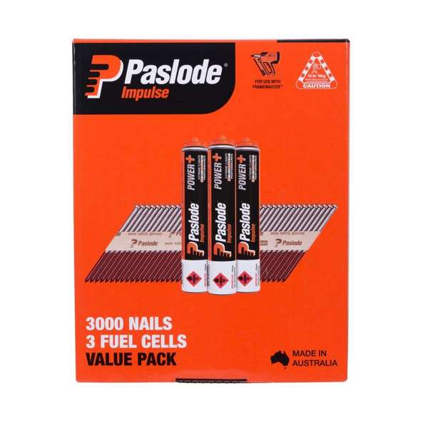 Paslode Impulse Hot Dipped Galvanised Nails 75 x 3.06mm - 3,000 Pack + 3 Fuel Cells