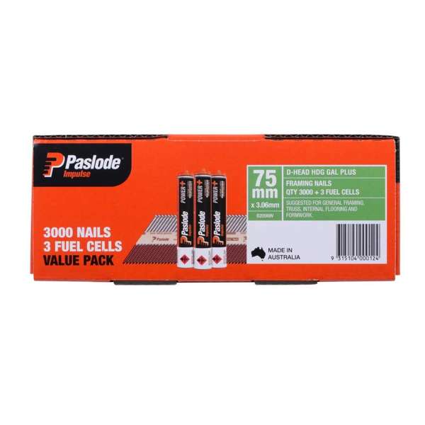 Paslode Impulse Hot Dipped Galvanised Nails 75 x 3.06mm - 3,000 Pack + 3 Fuel Cells