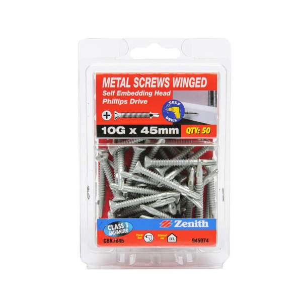 Zenith Metal Screws Winged Phillips Drive 10G x 45mm - 50 Pack