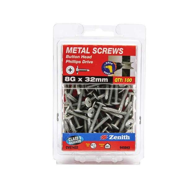 Zenith Metal Screws Button Head Galvanised 8G x 32mm - 100 Pack