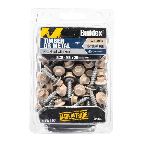 Buildex M6 x 25mm Paperbark Roof Zip C4 HexHead Screws - Box 100