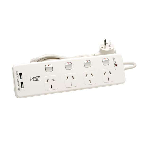 HPM 4 Outlet USB Charging Switched Powerboard White