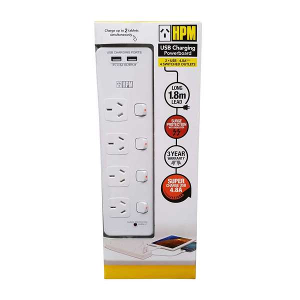 HPM 4 Outlet USB Charging Switched Powerboard White