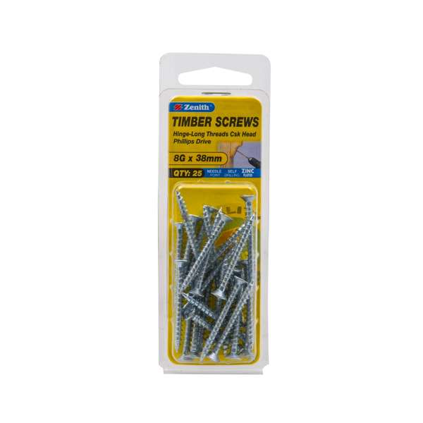 Zenith 8G x 38mm Zinc Plated Hinge-Long Threads Countersunk Head Timber Screws - 25 Pack