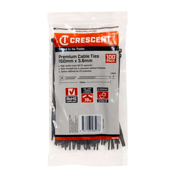 Crescent Cable Ties Black 150 x 3.6mm - 100 Pack