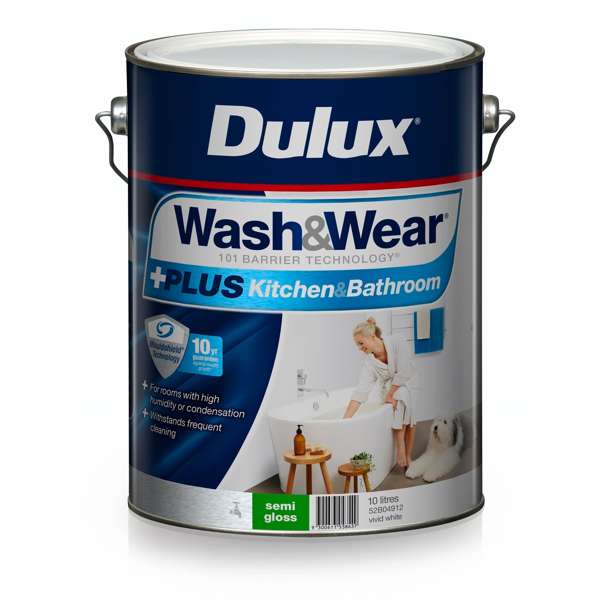 Dulux 10L Interior Paint Wash&Wear +PLUS Kitchen & Bathroom Semi Gloss Vivid White