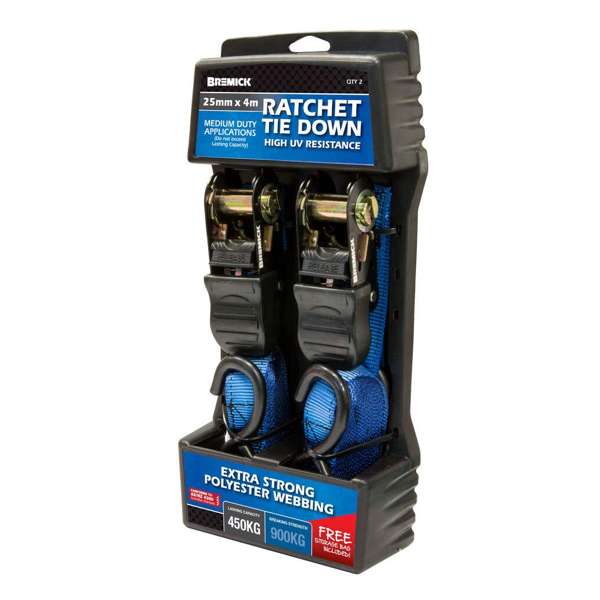 Bremick Ratchet Tie Down 25mm x 4m - 2 Pack