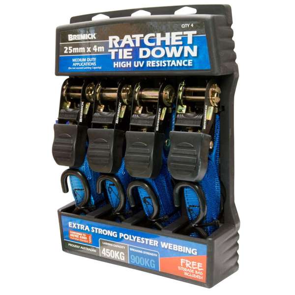 Bremick Ratchet Tie Down 25mm x 4m - 4 Pack