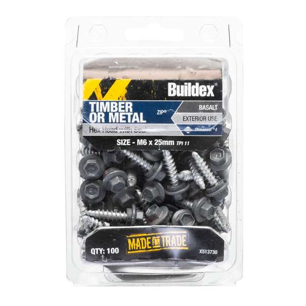 Buildex Roof Zip C4 HexHead Screws M6 x 25 Basalt Pbx100