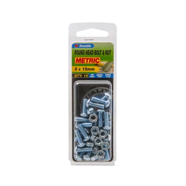 Zenith 5 x 15mm Zinc Plated Round Head Bolt And Nut - 18 Pack