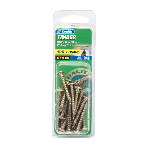 Zenith 10G x 35mm Gold Passivated Wafer Head Timber Screws - 20 Pack